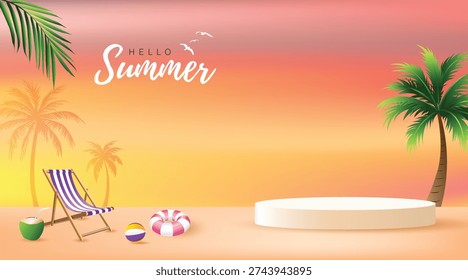 Hello Summer tropical beach background with sunset gradient sky, palm trees, deck chair, beach ball, lifebuoy and white podium for product display. Summer vacation concept.