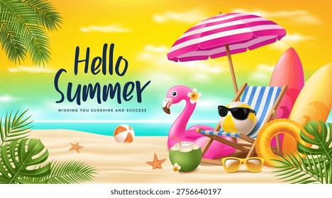 Hello Summer Tropical Beach Banner with Flamingo and Vacation Elements