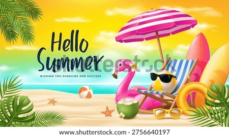 Hello Summer Tropical Beach Banner with Flamingo and Vacation Elements