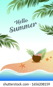 Hello Summer tropical beach concept with palm leafs, coconut fruit and starfish at the beach with text design for banner, template, label tag summer sale.
