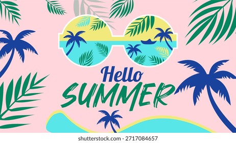 Escena de playa tropical de verano con gafas de sol y palmeras