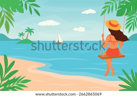 Hello Summer. Tropical Beach Sunset Vector Illustration. Tropical Landscape with Woman on Swing. Tropical Island with Palm Trees, Sea, Sailboat. Summer Holiday Design, Paradise Beach Illustration