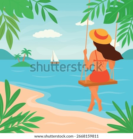 Hello Summer. Tropical Beach Sunset Vector Illustration. Tropical Landscape with Woman on Swing. Tropical Island with Palm Trees, Sea, Sailboat. Summer Holiday Design, Paradise Beach Illustration