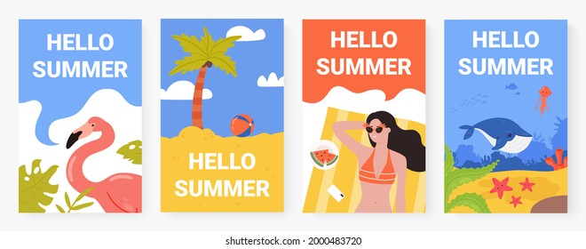 Hola verano, concepto de vacaciones de playa tropical con palmera, flamingo, bikini de ilustración vectorial. Viñetas de vacaciones de verano con letras para historias en medios sociales plantilla de fondo