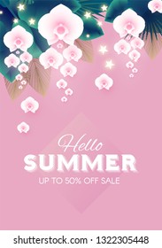 Hello, Summer Tropical Design Template with Palm Leaves and Orchid Flowers. Vector illustration