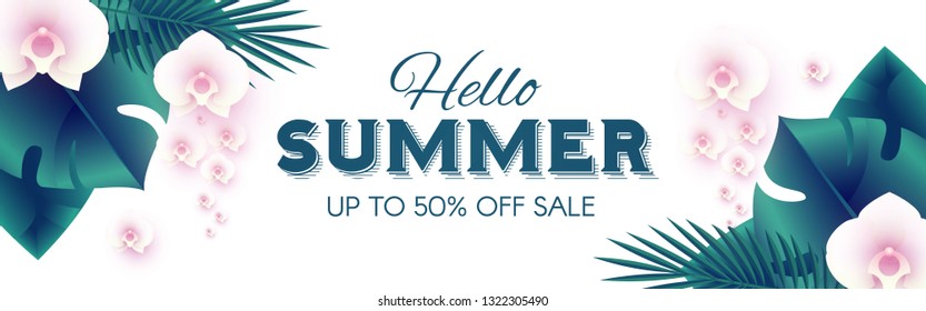 Hello, Summer Tropical Design Template with Palm Leaves and Orchid Flowers. Vector illustration