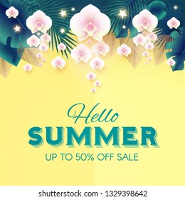 Hello, Summer Tropical Design Template with Palm Leaves and Orchid Flowers. Vector illustration