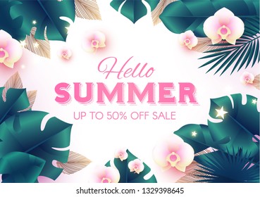 Hello, Summer Tropical Design Template with Palm Leaves and Orchid Flowers. Vector illustration
