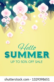 Hello, Summer Tropical Design Template with Palm Leaves and Orchid Flowers. Vector illustration