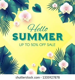 Hello, Summer Tropical Design Template with Palm Leaves and Orchid Flowers. Vector illustration