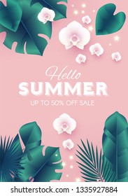 Hello, Summer Tropical Design Template with Palm Leaves and Orchid Flowers. Vector illustration