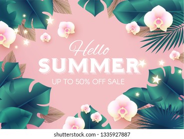 Hello, Summer Tropical Design Template with Palm Leaves and Orchid Flowers. Vector illustration