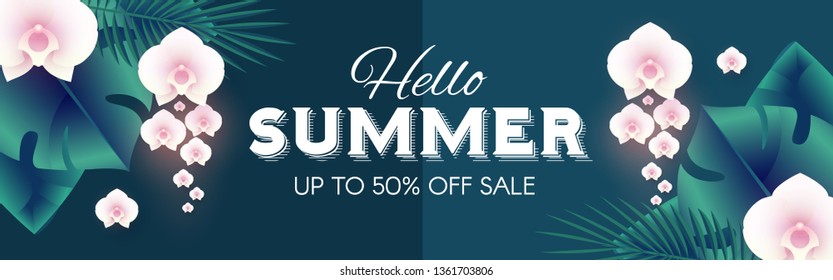 Hello, Summer Tropical Design Template with Palm Leaves and Orchid Flowers. Vector illustration