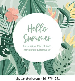 Adiós Marco tropical de verano. Ilustración de la jungla vectorial. Verdor, hojas de palma, hojas de plátano, hibiscos, flores de plumería. Coloque el texto.