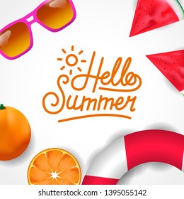 Hello Summer tropical fruit and pink beach sunglasses from top view with white background square poster banner