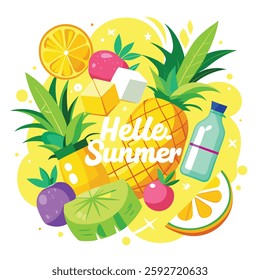  Hello Summer Tropical Fruit Vector Art Pineapple, Banana and Coconut with Ice Cubes on Bright Yellow Background for Seasonal Designs.Hello Summer Vector Tropical Fruits and Ice Cubes on Bright Yellow