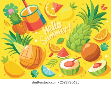  Hello Summer Tropical Fruit Vector Art Pineapple, Banana and Coconut with Ice Cubes on Bright Yellow Background for Seasonal Designs.Hello Summer Vector Tropical Fruits and Ice Cubes on Bright Yellow