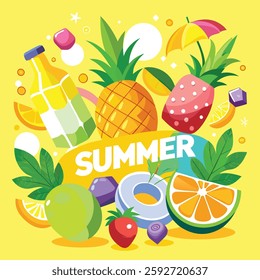  Hello Summer Tropical Fruit Vector Art Pineapple, Banana and Coconut with Ice Cubes on Bright Yellow Background for Seasonal Designs.Hello Summer Vector Tropical Fruits and Ice Cubes on Bright Yellow