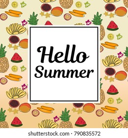Hello summer. Tropical summer fruits vector pattern on gradient background. Retro stylish texture of summer fruits. Summer background. Retro design. Vector illustration