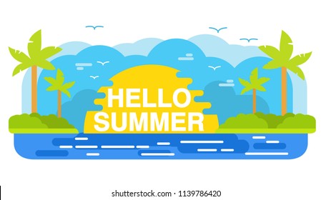 Hello Summer tropical island.Summertime beach palm tree.Sea landscape vacation holiday sun flat vector.