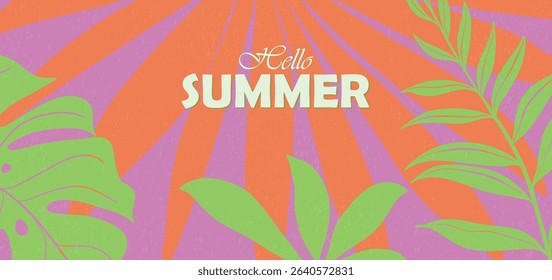 Hello Summer Tropical Leaves Background, Orange and Pink Retro Style