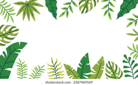 Hello Summer tropical leaves frame, abstract card with jungle exotic leaves and branches, colorful green design, summer background or banner.