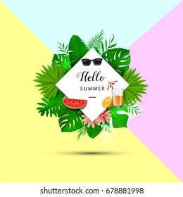 Hello summer. Tropical leaves. Vector illustration. Summer banner with 3d hawaiian leaves, sunglasses, watermelon slice and orange juice on yellow, pink and blue background.