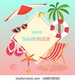 Hello Summer tropical pastel color concept with deck chair, life buoy, palm tree, umbrella, sunglasses, seashell and starfish at the beach. For Label summer sale, template, banner, billboard