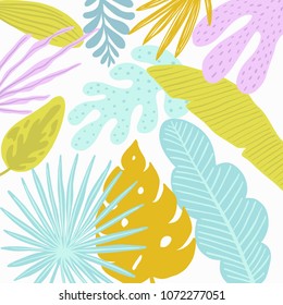 Hello summer tropical pattern with jungle leaves and palm fronds.  Summer time illustration.