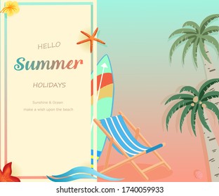 Hello Summer tropical peach and blue pastel color concept with deck chair, palm tree, surfboard, flower, wave, seashell and starfish at the beach. For Label summer sale, template, banner, billboard.