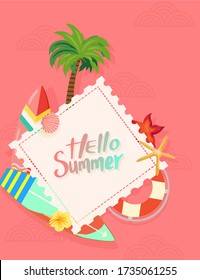 Hello Summer tropical pink color concept with life buoy, palm tree, surfboard, flower, starfish, seashell with wave. For Label summer sale, template, banner, billboard.