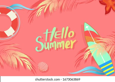 Hello Summer tropical pink pastel color concept with surfboard, life buoy, starfish, seashell, wave and plam leaf and the beach. For template, banner, billboard, label tag summer sale.