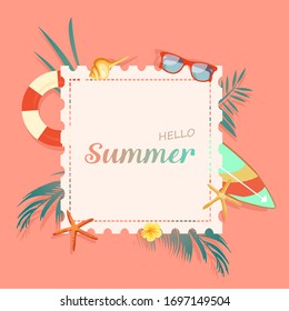 Hello Summer tropical pink pastel color concept with life buoy, palm leaf, surfboard, sunglasses, flower, starfish and seashell. For Label summer sale, template, banner, billboard.