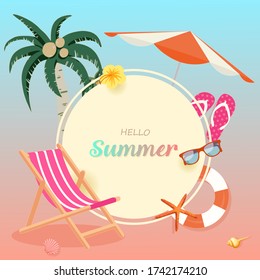 Hello Summer tropical pink pastel color concept with deck chair, lifebuoy, palm tree, umbrella, sunglasses, seashell and starfish at the beach. For Label summer sale, template, banner, billboard