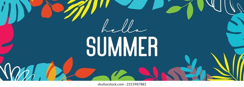 Hola verano tropical con plantas y decoración de hojas en el fondo.