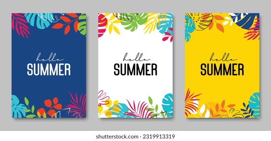 Hello summer tropical with plants and leaf decoration on background.