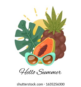 Hello summer, tropical summertime vector illustration. Pineapple, sunglasses, tropical monstera leaf and sun. Design element for logo, poster, menu, banner. Sunglasses and hello summertime.