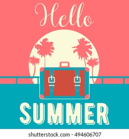 Hello Summer Tropical Vacation Background with Baggage and Palm Trees. Vector illustration