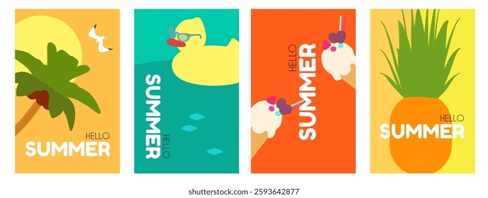 Hello, Summer! Tropical vacation design template set. Minimal shapes