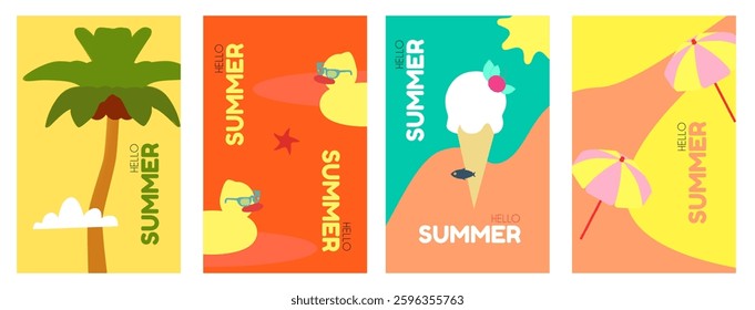 Hello, Summer! Tropical vacation design template set. Minimal shapes