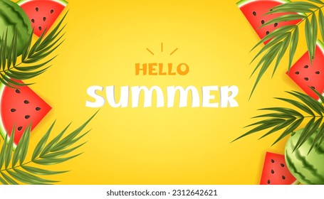 Hello summer with tropical vibes. Vector illustration of juicy watermelon, exotic leaves and palm trees on a yellow background, perfect for a summer sale banner, summer promotions, flyers, posters.