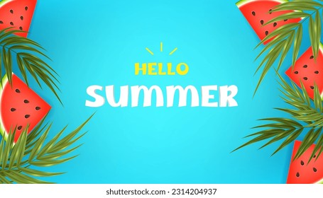 Hello summer with tropical vibes. Vector illustration of juicy watermelon, exotic leaves and palm trees on a blue background, perfect for a summer sale banner, summer promotions, flyers, posters.