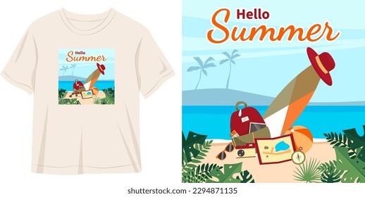 Hallo Sommer-T-Shirt mit buntem Sommerhintergrund