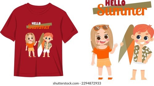 Hello summer tshirt with cute kids on a beach