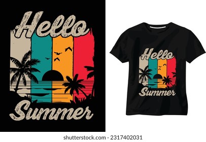 Hello summer t-shirt design and typography, Hello Summer Funny Beach, Summer Vacation Retro Vintage Surfing Surfer Lover Summer T-shirt Design