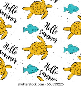 Hello summer. Turtle and fish. Cute seamless bright pattern, summer