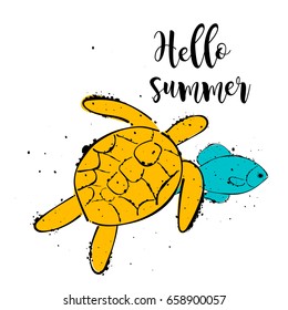 Hello summer. Turtle and fish. Vector illustration of a summer collection for design.