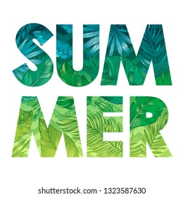 Hello Summer type logo. Script, text, tropic leaf pattern for card, poster,  flyer, party invitation, print design. Hand drawn doodle art with summertime symbols & paradise elements. Vector background