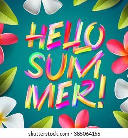 Hello Summer, typographic design on a tropical floral background, vector illustration.