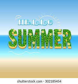 Hello Summer typographic design poster on a blurred blured background with the sun, sea waves. 